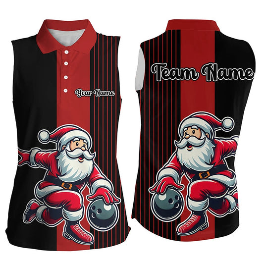 Black And Red Bowling Sleeveless Polo Shirts Custom Funny Santa Christmas Bowling Team Uniform Polo, Women Bowling Shirts