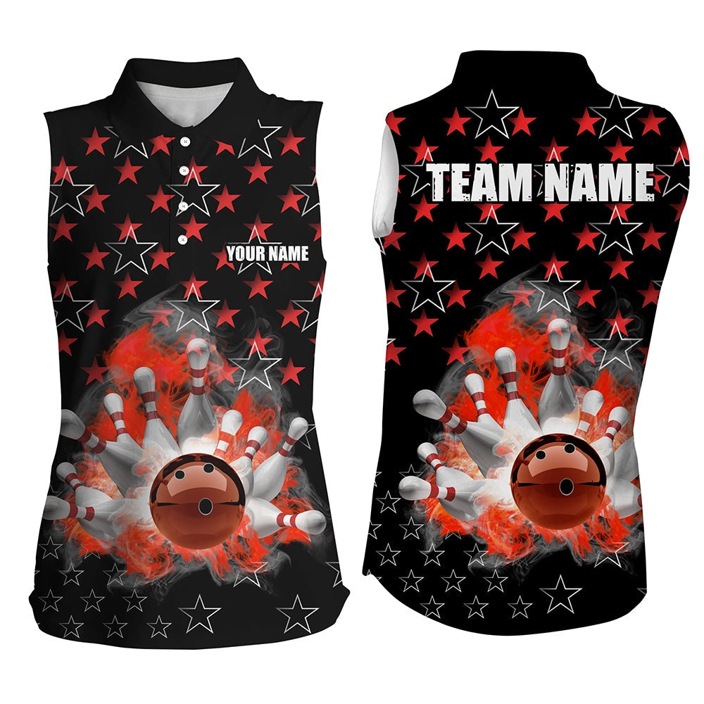Black And Red Bowling Stars Pattern Custom Women Sleeveless Polo Shirt, Team Bowling Polo, Women Bowling Shirts