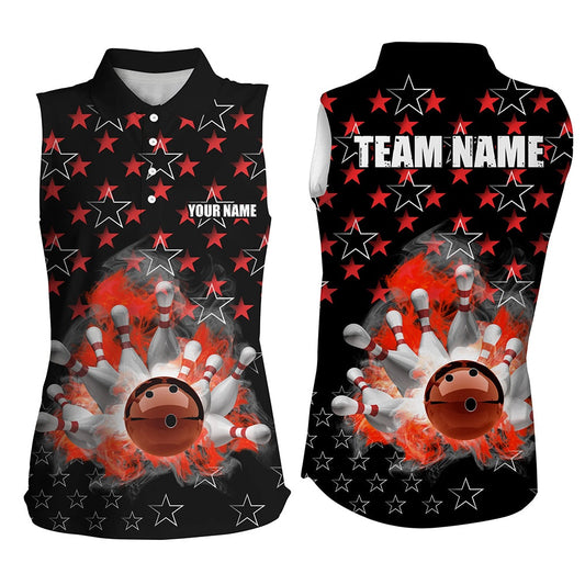 Black And Red Bowling Stars Pattern Custom Women Sleeveless Polo Shirt, Team Bowling Polo, Women Bowling Shirts