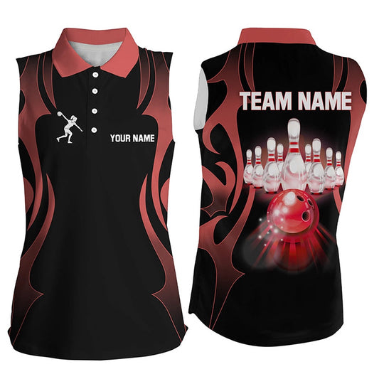 Black And Red Custom Bowling Sleeveless Polo Shirts For Women, Personalized Bowling Team Polo, Women Bowling Shirts