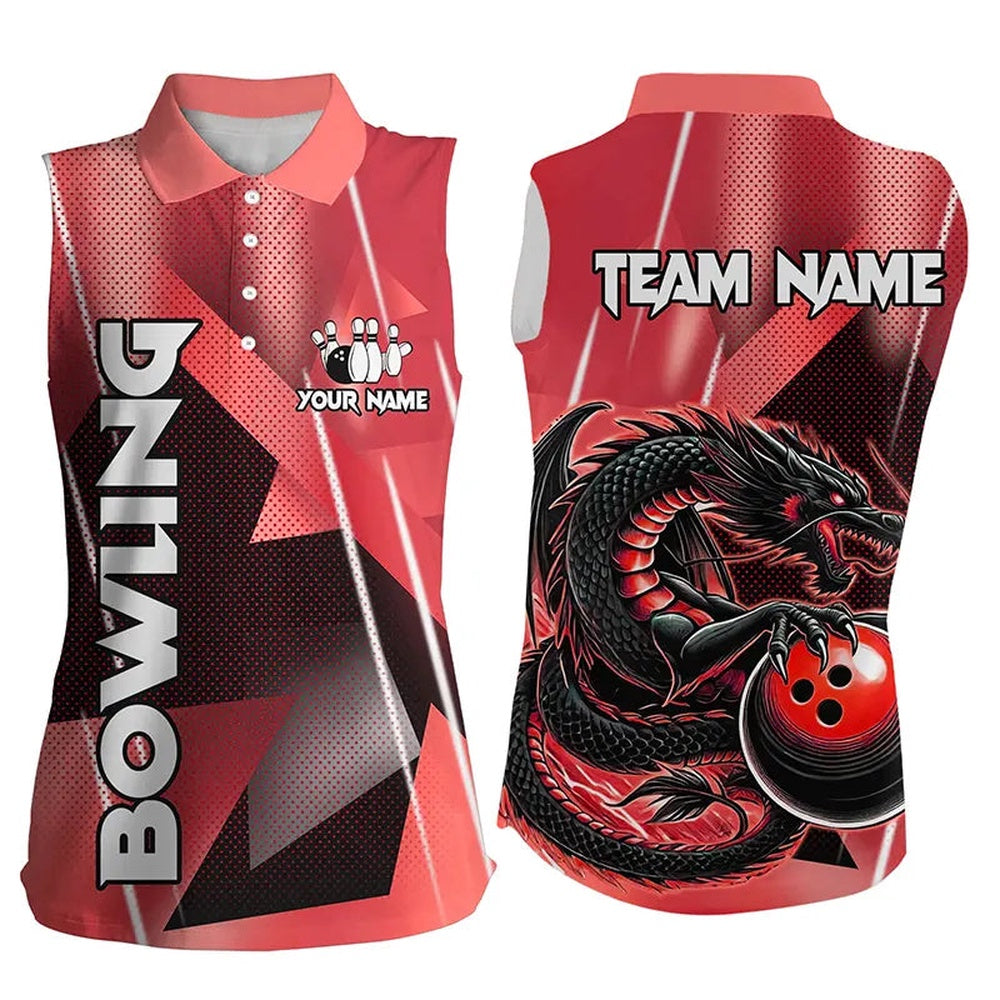 Black And Red Custom Dragon Bowling Sleeveless Polo Shirts For Women, Dragon Bowling Team Shirts, Women Bowling Shirts
