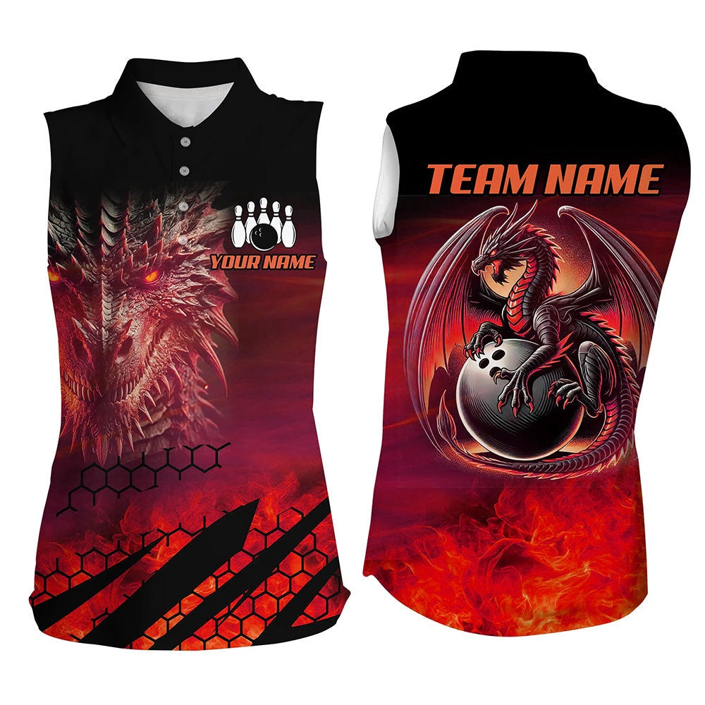 Black And Red Custom Dragon Flame Bowling Sleeveless Polo Shirts, Dragon Fire Bowling Team Shirts, Women Bowling Shirts