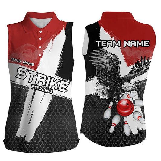 Black And Red Eagle Strike Women Bowling Sleeveless Polo Shirt Custom Team Bowling League Polo, Women Bowling Shirts