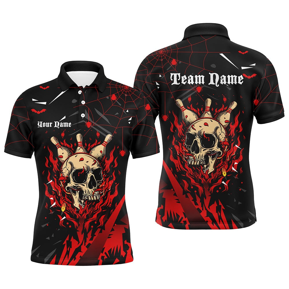 Black And Red Flame Bowling Skull Custom Halloween Bowling Shirts For Men,Team Bowling Polo, Bowling Team Shirts