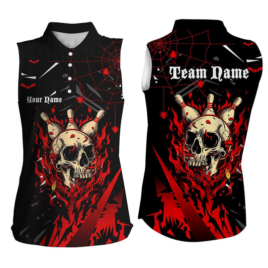 Black And Red Flame Bowling Skull Custom Halloween Bowling Sleeveless Polo Shirts,Team Bowling Polo, Women Bowling Shirts