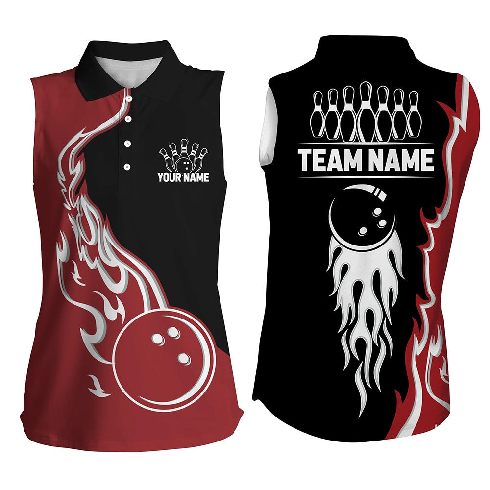 Black And Red Flame Bowling Sleeveless Polo Shirt For Women Custom Team Bowling Polo Bowler Outfit, Women Bowling Shirts