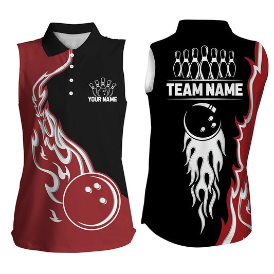 Black And Red Flame Bowling Sleeveless Polo Shirt For Women Custom Team Bowling Polo Bowler Outfit, Women Bowling Shirts