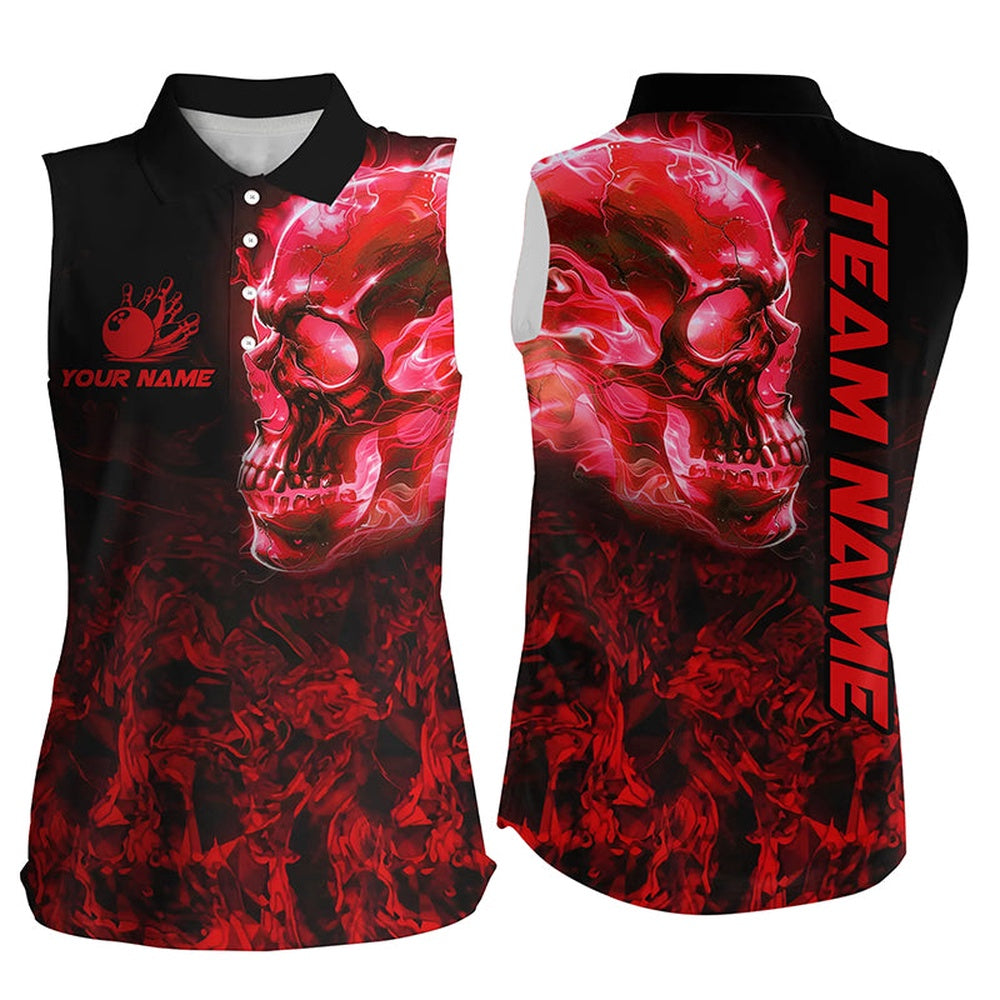 Black And Red Flame Skull Camo Sleeveless Polo Shirt Custom Bowling Team Polo, Gifts For Bowlers, Women Bowling Shirts