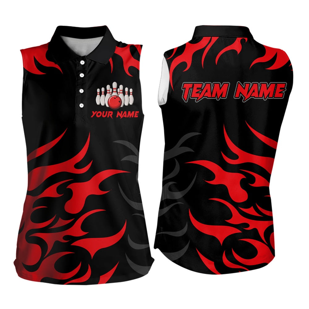 Black And Red Flame Women Sleeveless Polo Shirts Custom Team Bowling Polo, Ladies Bowling Apparel, Women Bowling Shirts