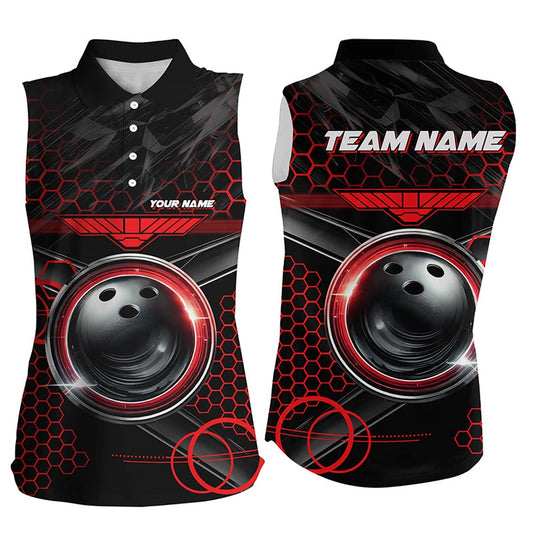 Black And Red Hexagon Bowling Ball Women Sleeveless Polo Shirts Custom Bowling Team League Polo, Women Bowling Shirts