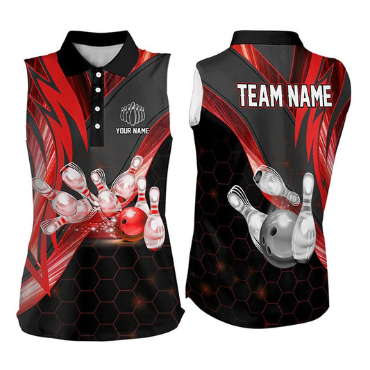 Black And Red Light Hexagon Pattern Bowling Sleeveless Polo Shirt For Women Custom Team Bowling Polo, Women Bowling Shirts