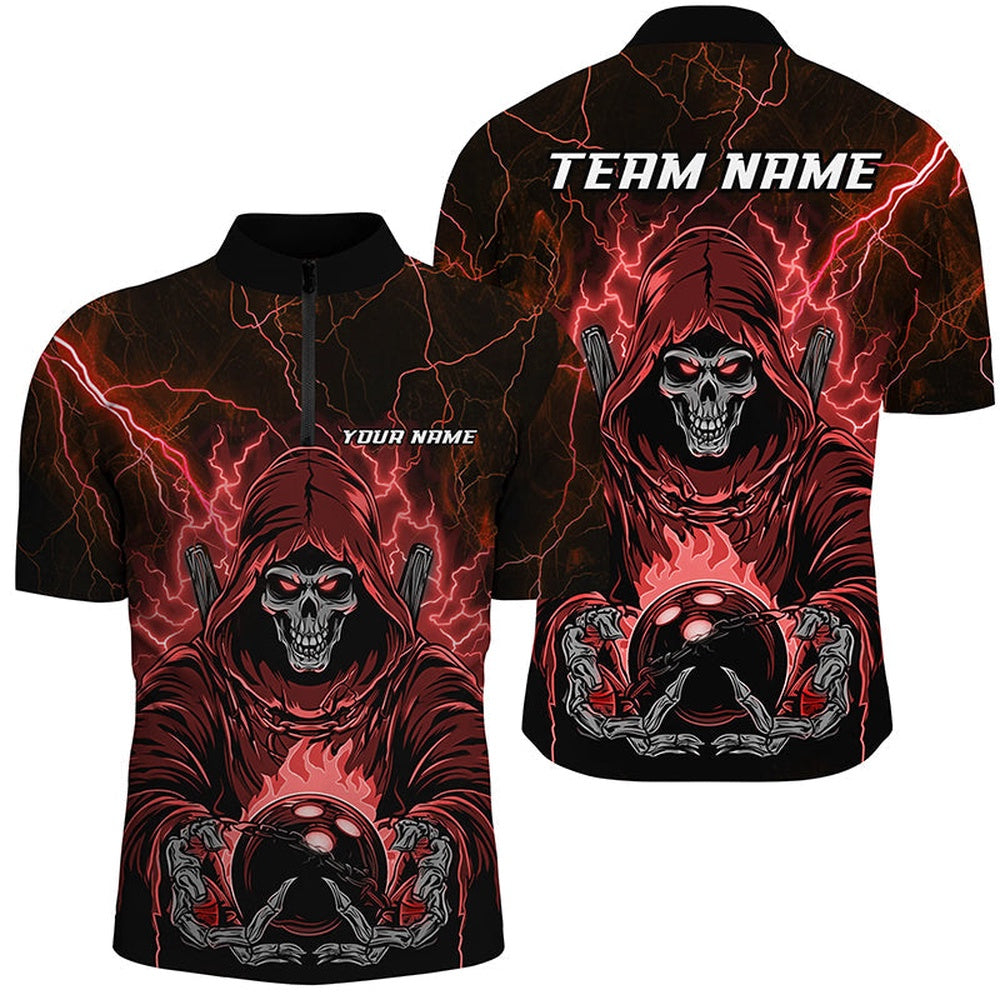 Black And Red Lightning Custom Skull Bowling Shirts For Men, Halloween Bowling Shirts, Bowling Jersey Shirt