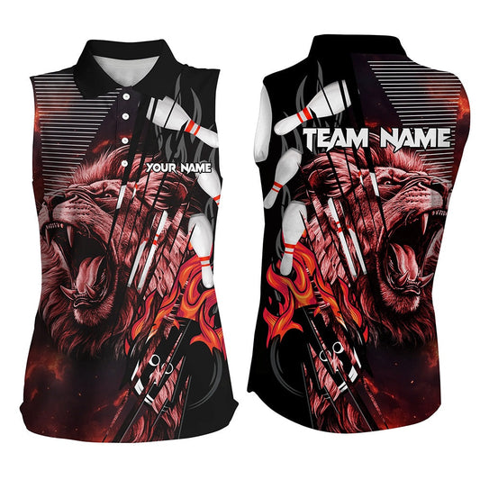 Black And Red Lion Custom Bowling Sleeveless Polo Shirts Bowling Team League Polo Outfits, Women Bowling Shirts