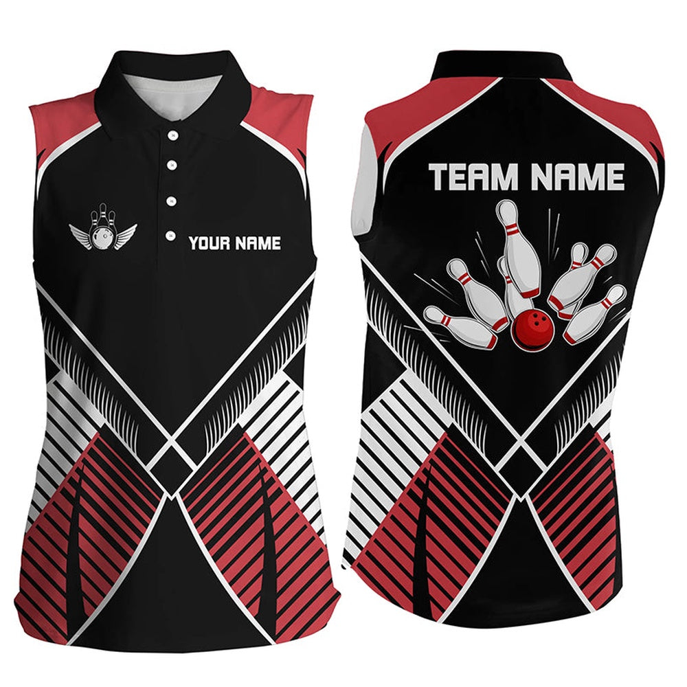 Black And Red Retro Women Sleeveless Polo Shirts Custom Team Bowling League Polo, Women Bowling Shirts