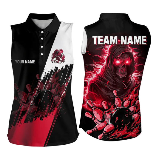 Black And Red Skull Reaper Bowling Polo Sleeveless Polo Shirt Custom Bowling Team Shirts, Women Bowling Shirts