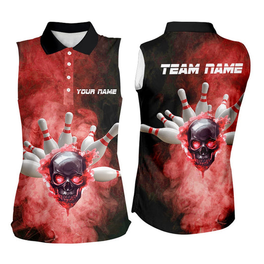 Black And Red Smoke Skull Bowling Polo For Women Custom Bowling Sleeveless Polo Shirt Team Bowlers, Women Bowling Shirts