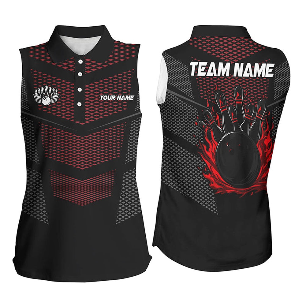 Black And Red Strike Bowling Sleeveless Polo Shirts For Women, Custom Name Bowling Team Polo, Women Bowling Shirts