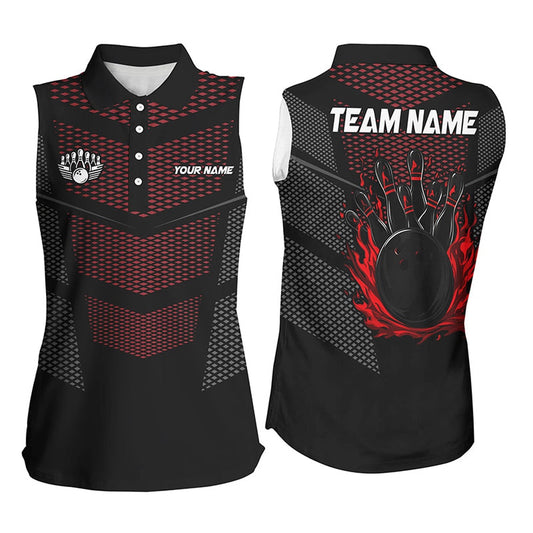 Black And Red Strike Bowling Sleeveless Polo Shirts For Women, Custom Name Bowling Team Polo, Women Bowling Shirts