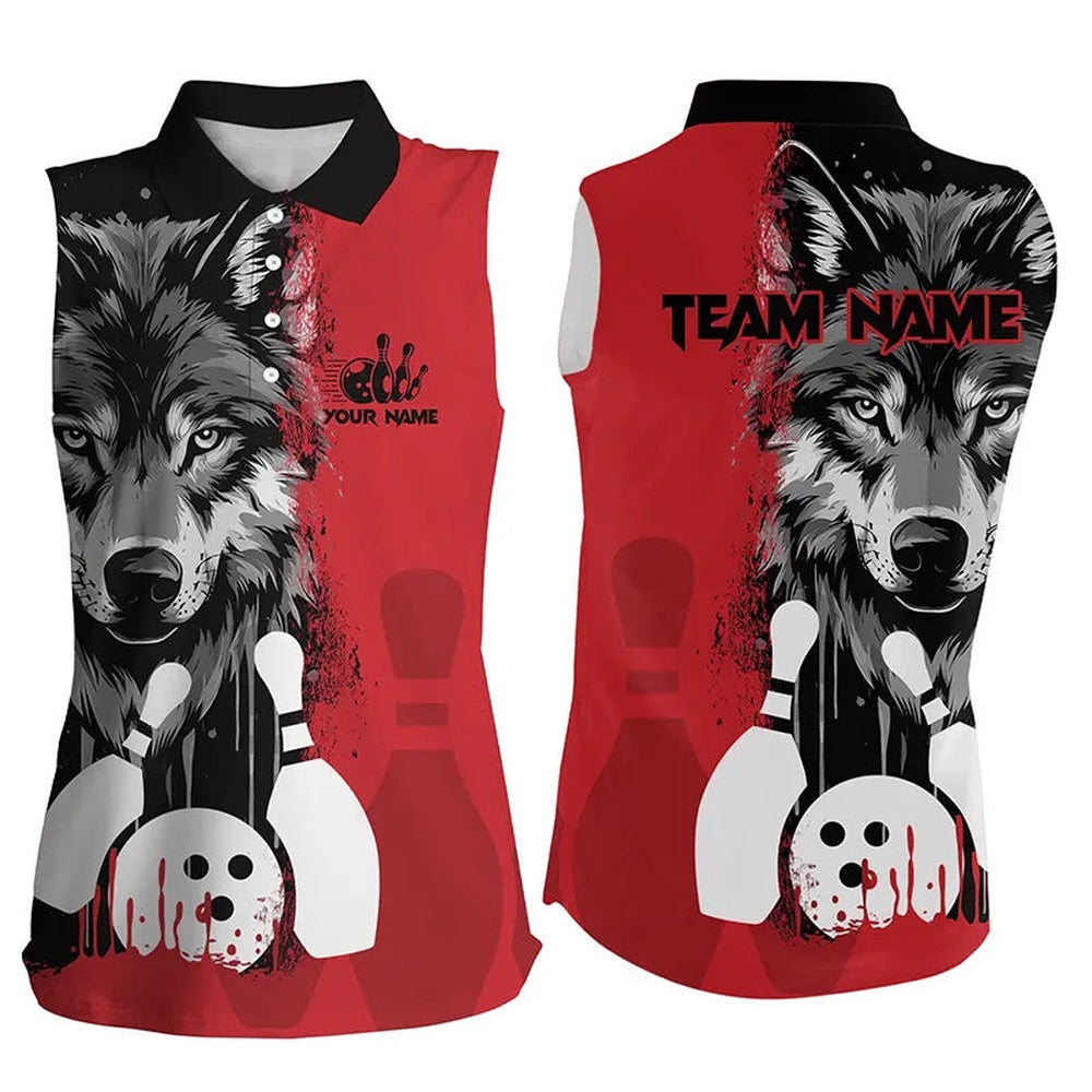Black And Red Wolf Bowling Sleeveless Polo Shirts For Women Custom Bowling Team League Polo, Women Bowling Shirts