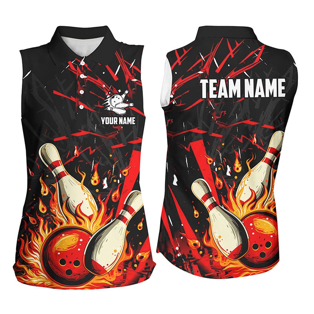 Black And Red Women Sleeveless Polo Shirts Custom Flame Bowling Apparel Team Bowling Polo Bowlers, Women Bowling Shirts
