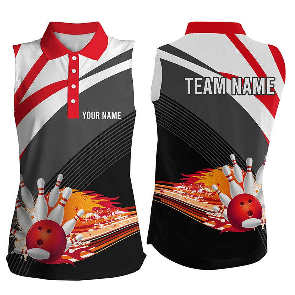 Black And Red Women's Sleeveless Polo Shirt Custom Flame Bowling Ball Fire Team Ladies Bowlers Polo, Women Bowling Shirts