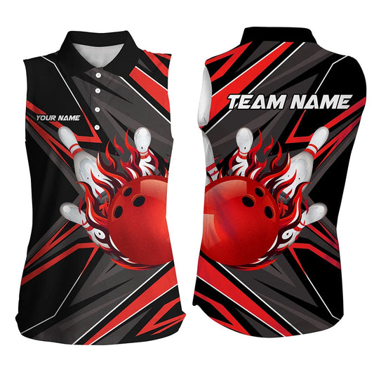 Black And Red Womens Sleeveless Polo Shirts Custom Bowling Ball Pins Flame Bowling Polo For Bowlers, Women Bowling Shirts