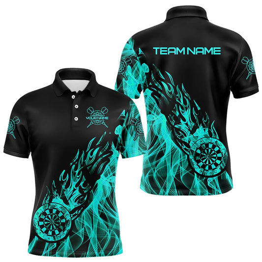 Black And Turquoise Fire Flame Darts Polo Custom Dart Shirt For Men Dart Polo, Darts Team Polo Shirt