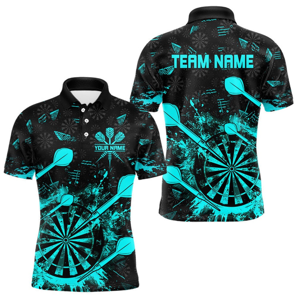 Black And Turquoise Grunge Darts Polo, Polo For Men Custom Dart Shirts For Team Dart Polo, Darts Team Polo Shirt