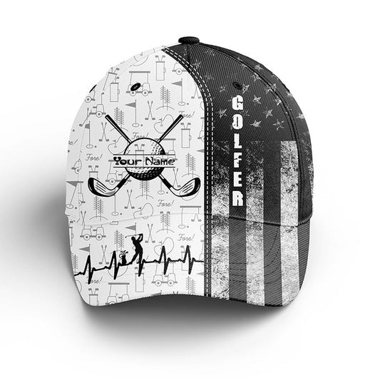 Black And White American Flag Golfer Hat Custom Name Golf Clubs Sun Hats For Men, Women, Golf Baseball Cap