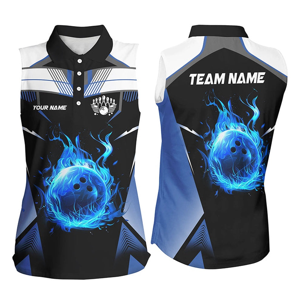 Black And White Blue Flame Bowling Ball Team Polo Custom Women Sleeveless Polo Shirts, Bowling Gifts, Women Bowling Shirts