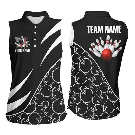 Black And White Bowling Camo Sleeveless Polo Shirts Custom Retro Bowling Polo For Team Bowlers, Women Bowling Shirts