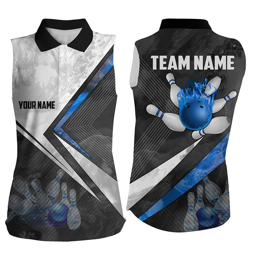 Black And White Bowling Sleeveless Polo Shirt For Women Custom Bowling Ball Pins Bowler Polo Blue, Women Bowling Shirts
