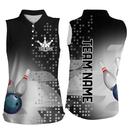 Black And White Bowling Sleeveless Polo Shirt For Women Custom Team Bowling Polo, Gift For Bowlers, Women Bowling Shirts