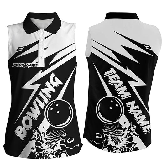 Black And White Bowling Sleeveless Polo Shirts For Women Custom Bowling Team League Polo, Women Bowling Shirts