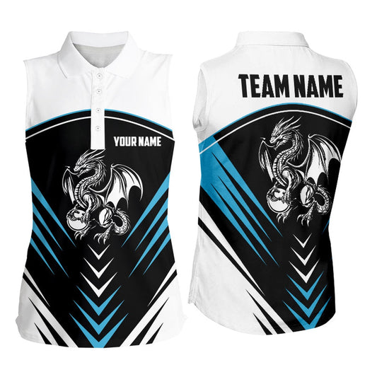 Black And White Dragon Bowling Sleeveless Polo Shirt For Women Personalized Bowling Team Polo Blue, Women Bowling Shirts