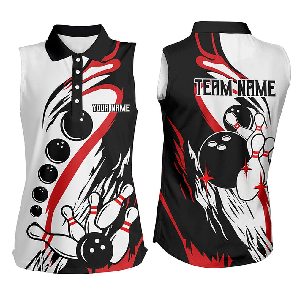 Black And White Retro Bowling League Polo Custom Women Bowling Sleeveless Polos, Gifts For Bowlers, Women Bowling Shirts