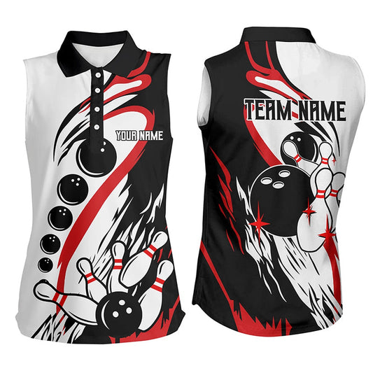 Black And White Retro Bowling League Polo Custom Women Bowling Sleeveless Polos, Gifts For Bowlers, Women Bowling Shirts