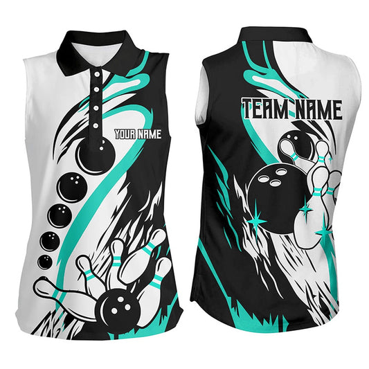 Black And White Retro Bowling League Polo Custom Women Sleeveless Polo Shirt, Bowler Gift Turquoise, Women Bowling Shirts