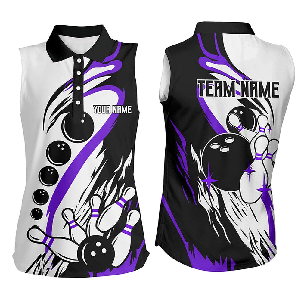 Black And White Retro Bowling League Polo Custom Women Sleeveless Polo Shirts, Bowler Gifts Purple, Women Bowling Shirts