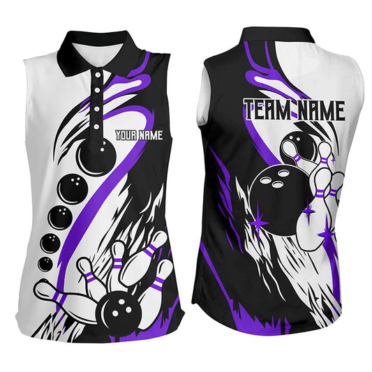 Black And White Retro Bowling League Polo Custom Women Sleeveless Polo Shirts, Bowler Gifts Purple, Women Bowling Shirts