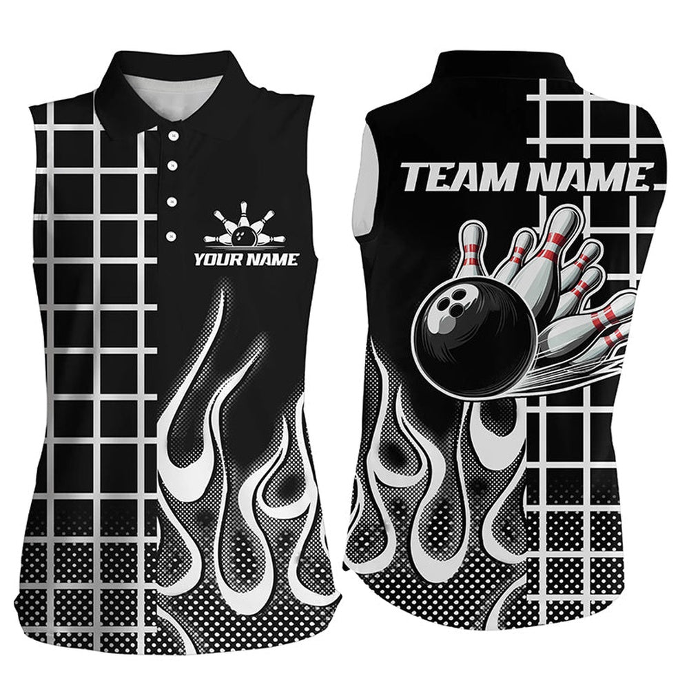 Black And White Retro Bowling Sleeveless Polo Shirt For Women Custom Bowling Team League Polo, Women Bowling Shirts