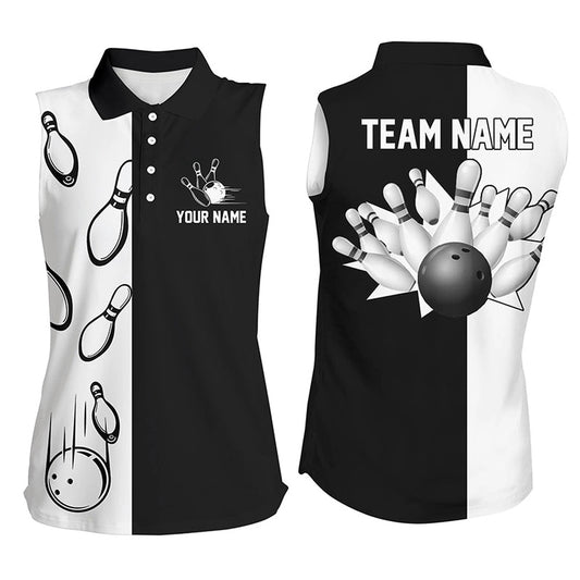 Black And White Retro Vintage Bowling Sleeveless Polo Shirts For Women Custom Bowling Team Polo, Women Bowling Shirts