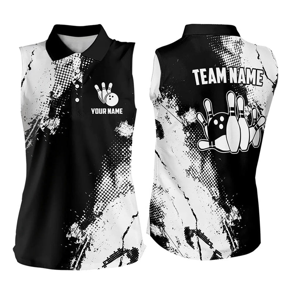 Black And White Retro Women Sleeveless Polo Shirts Custom Team Bowling Polo, Ladies Bowling Outfit, Women Bowling Shirts