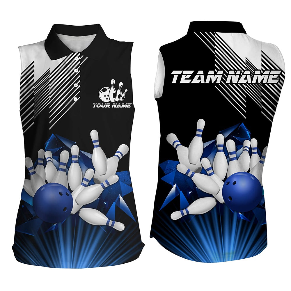 Black And White Women Sleeveless Polo Shirt Custom Bowling Team League Polo, Gifts For Bowler Blue, Women Bowling Shirts