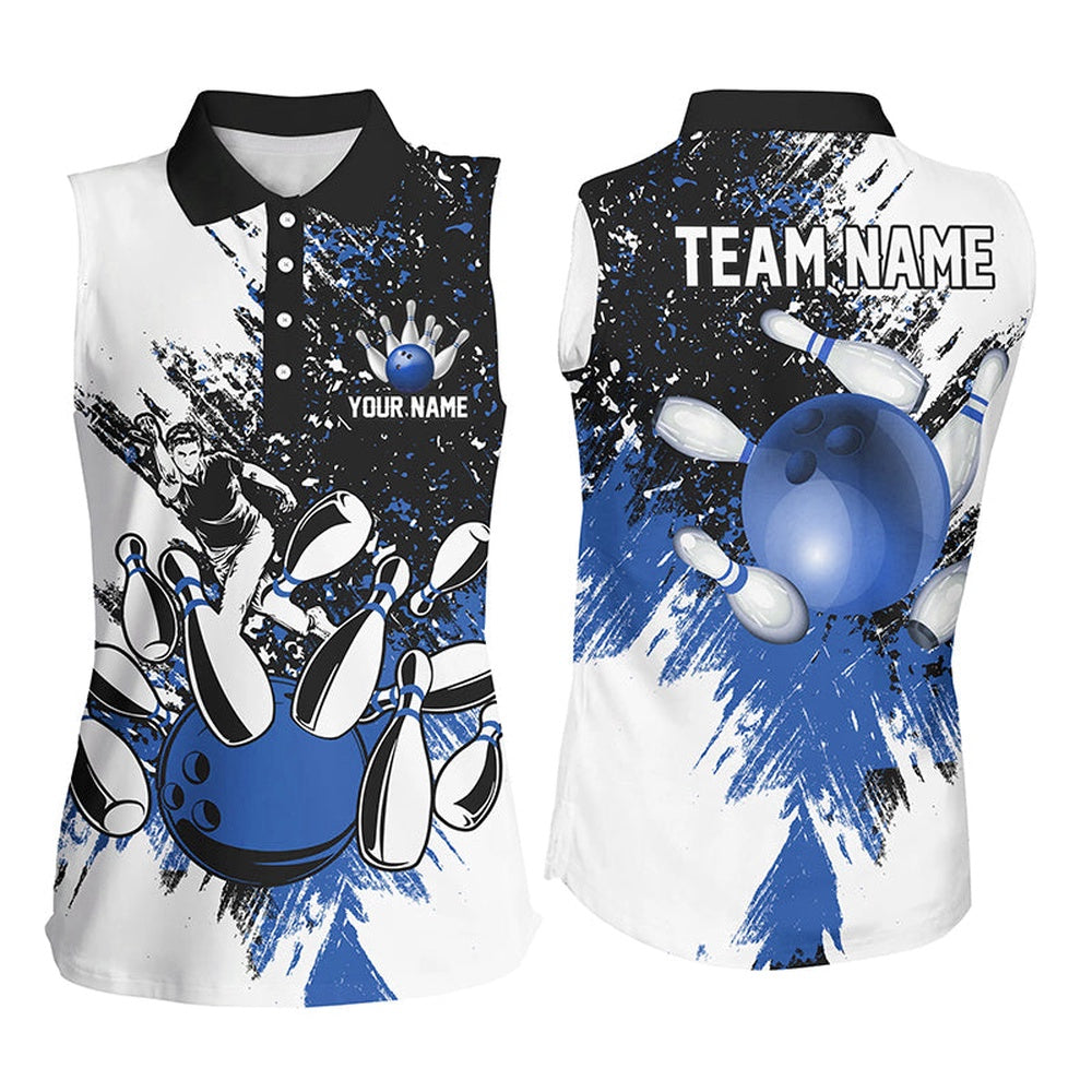 Black And White Women Sleeveless Polo Shirts Custom Bowling Polo, Girls Bowling Outfit Blue, Women Bowling Shirts