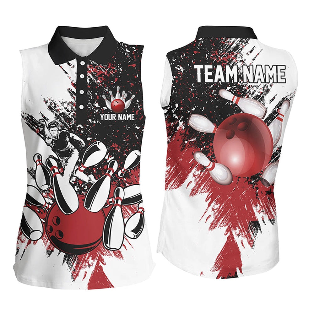 Black And White Women Sleeveless Polo Shirts Custom Bowling Polo, Girls Bowling Outfit Red, Women Bowling Shirts