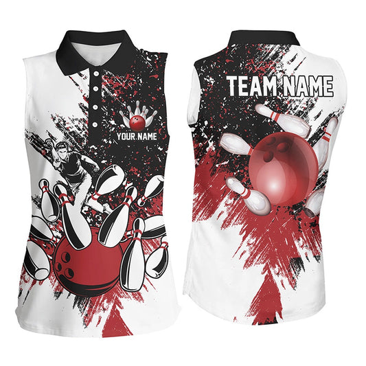 Black And White Women Sleeveless Polo Shirts Custom Bowling Polo, Girls Bowling Outfit Red, Women Bowling Shirts