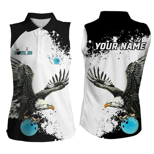 Black And White Women Sleeveless Polo Shirts Custom Eagle Team Bowling Shirts, Gift For Bowlers Blue, Women Bowling Shirts