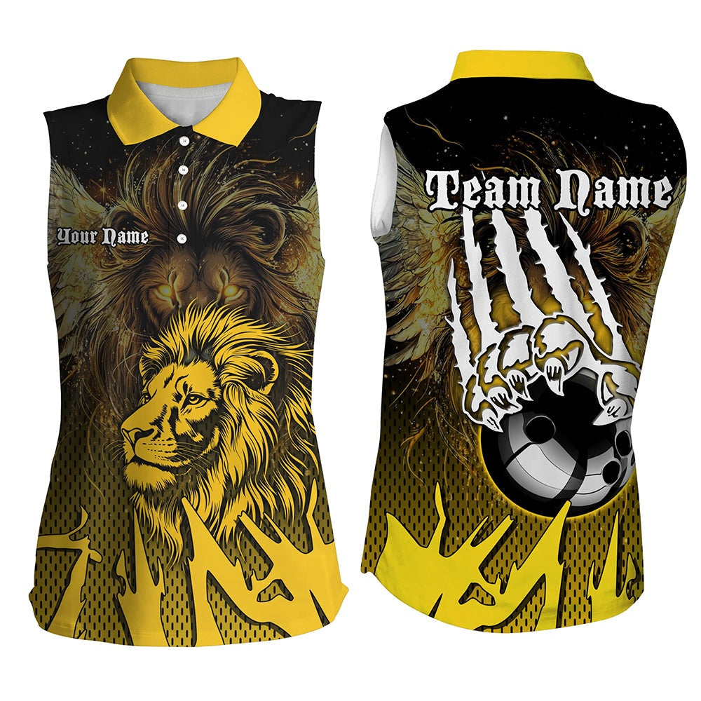 Black And Yellow Lion Bowling Sleeveless Polo Shirts Custom Team Bowling Polo, Gift For Bowlers, Women Bowling Shirts