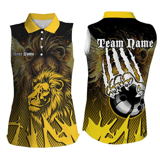 Black And Yellow Lion Bowling Sleeveless Polo Shirts Custom Team Bowling Polo, Gift For Bowlers, Women Bowling Shirts